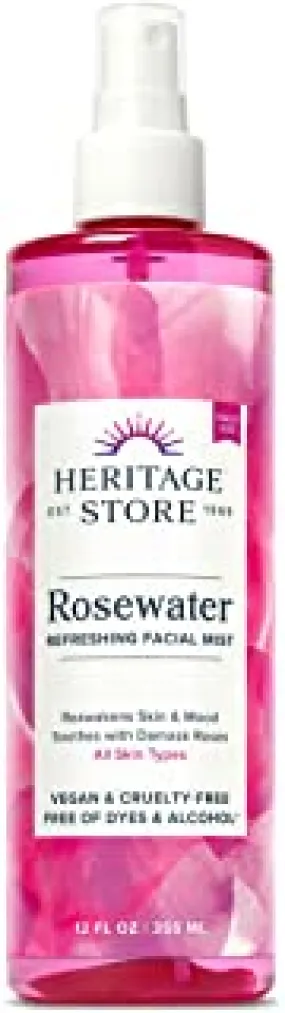 Heritage Store Rosewater, Refreshing Facial Mist for Glowing Skin, With Damask Rose Oil, All Skin Types, Rose Water Spray for Face Made Without Dyes or Alcohol, Vegan & Cruelty Free (12oz)